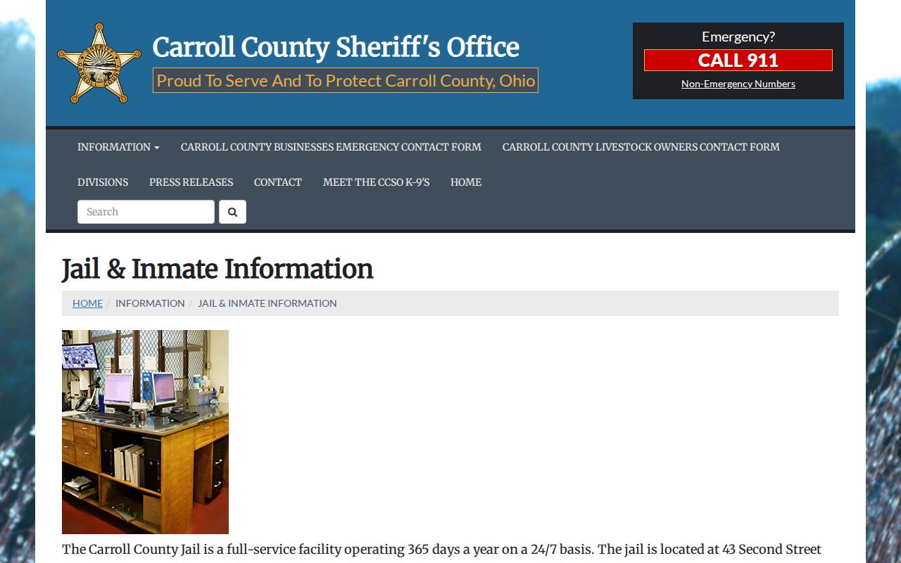 Carroll County Jail page used to verify released inmate search options